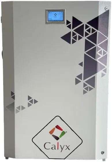 A Calyx lab-water system: a white cabinet with a touchscreen and the Calyx triangle print.